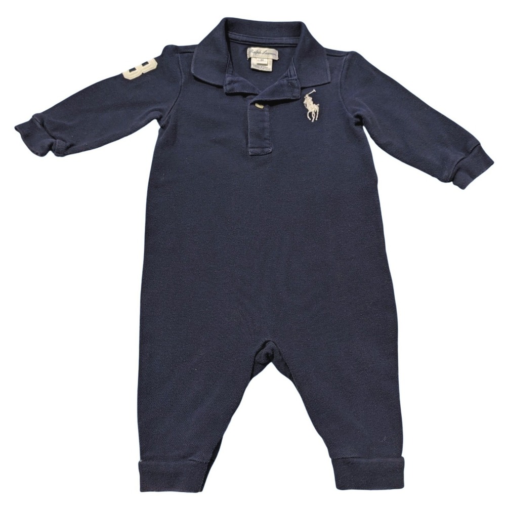 Ralph Lauren Navy Blue Long Sleeve Polo Romper Baby 6M Pony Logo 3 Patch